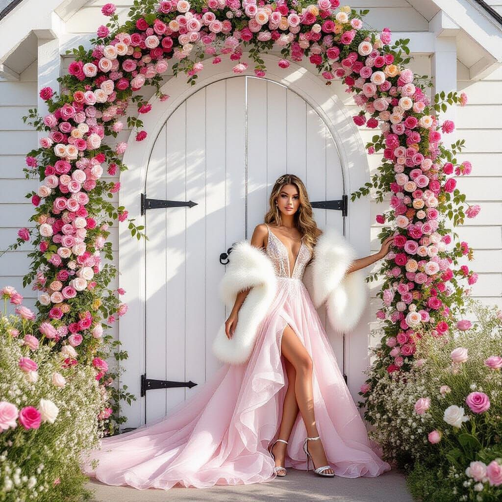 Elegant Woman Poses by Jeweled Rose Archway