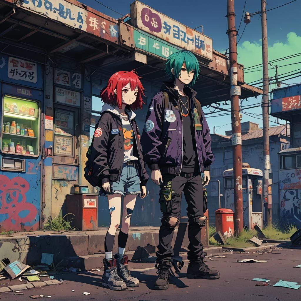 Anime Post-Apocalyptic Scene with Red-Haired Boy