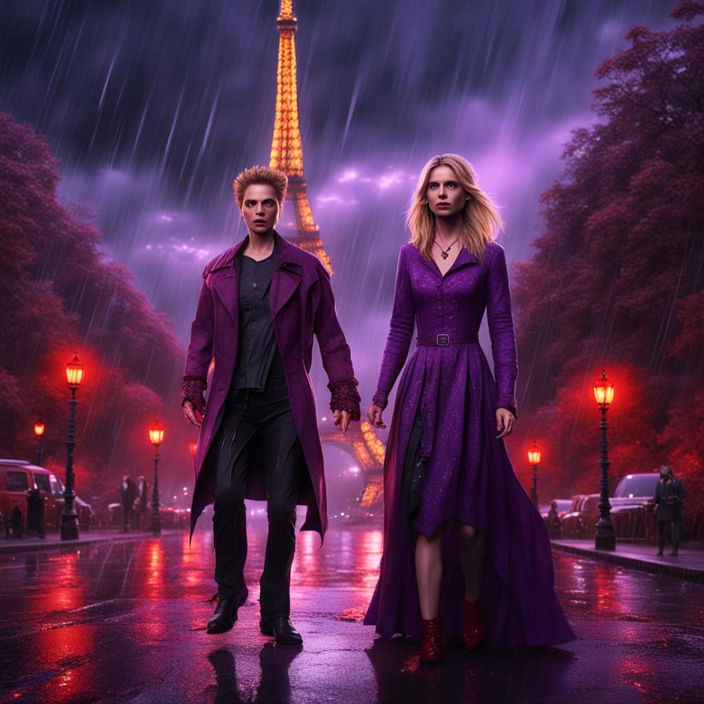 Buffy Summers Vampire in Rainy Paris, Detailed Matte Paintin...