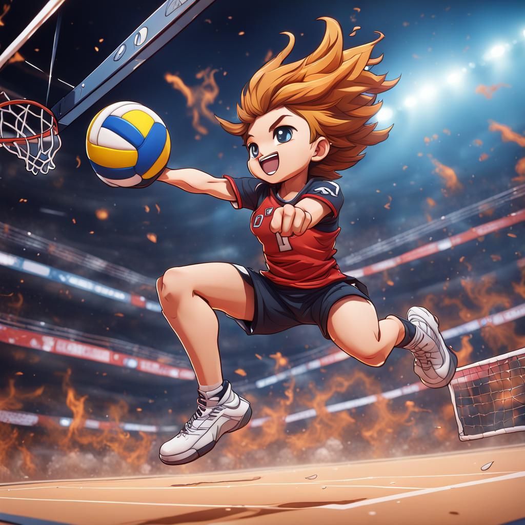 Chibi Manga Volleyball Player's Winning Dunk