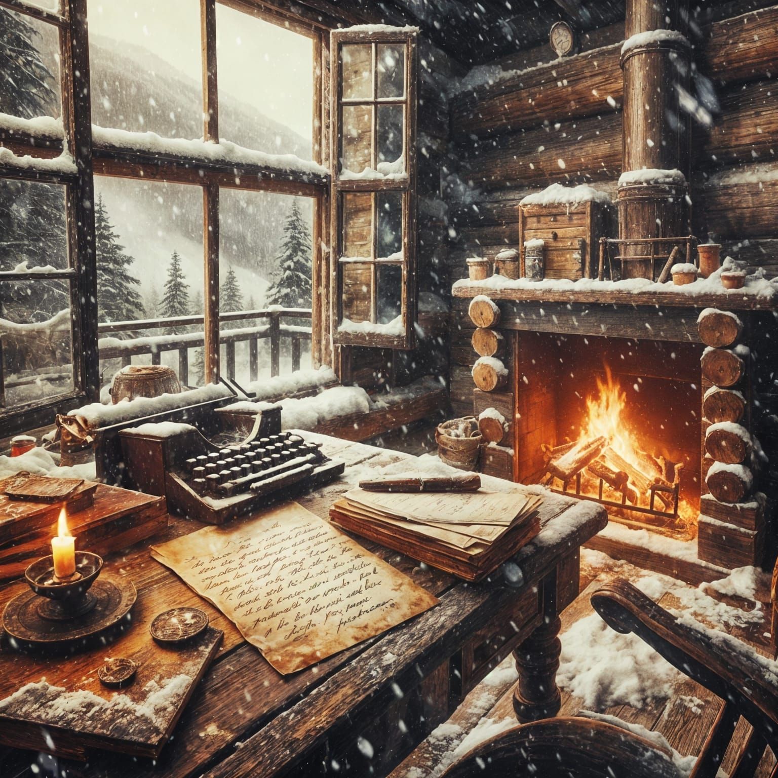 Vintage Cabin Scene with Love Letter, Oil Painting Style