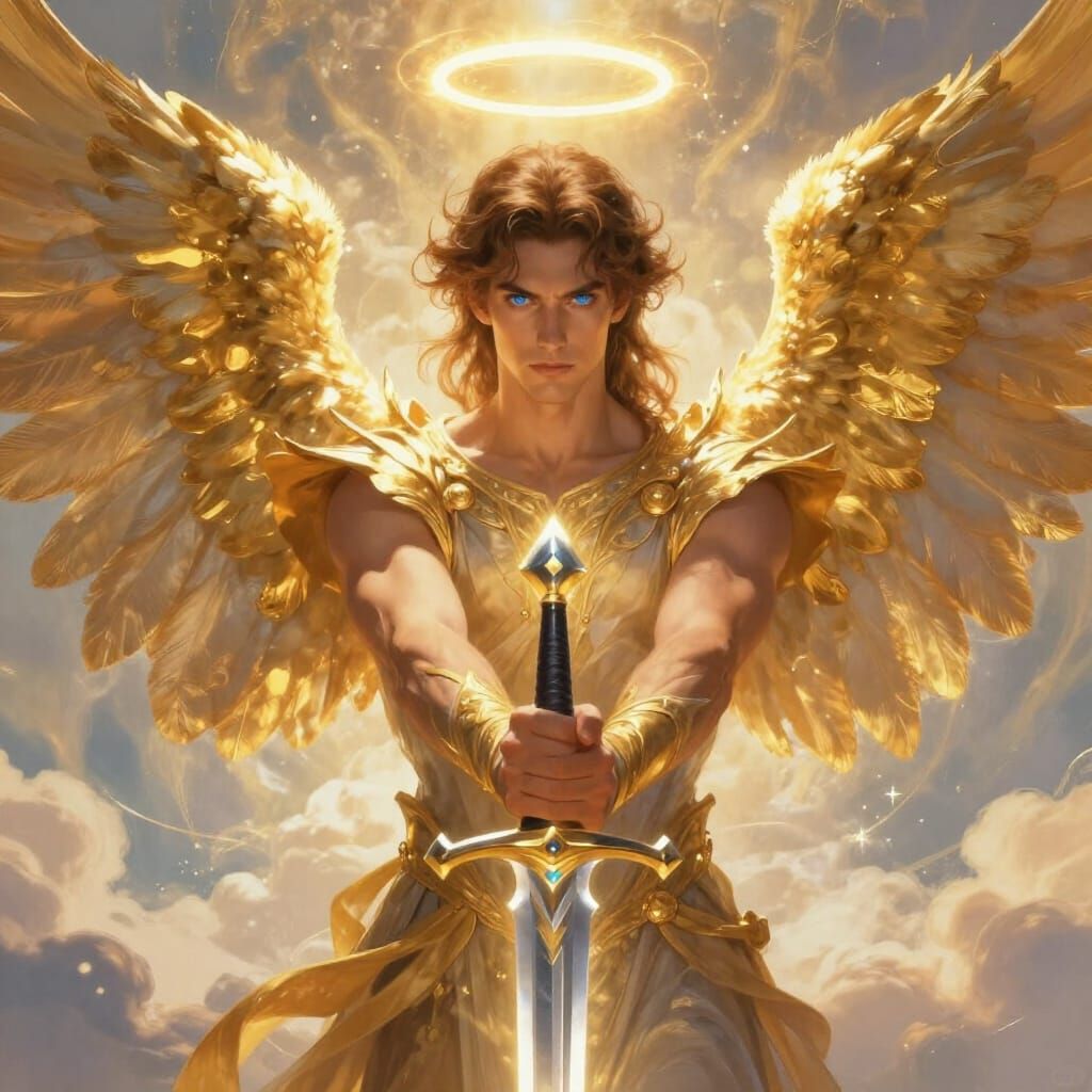 Masculine Angel with Golden Wings and Sword