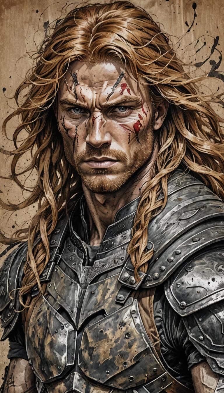 Armored Ranger with Strawberry Blonde Hair in Ink Art