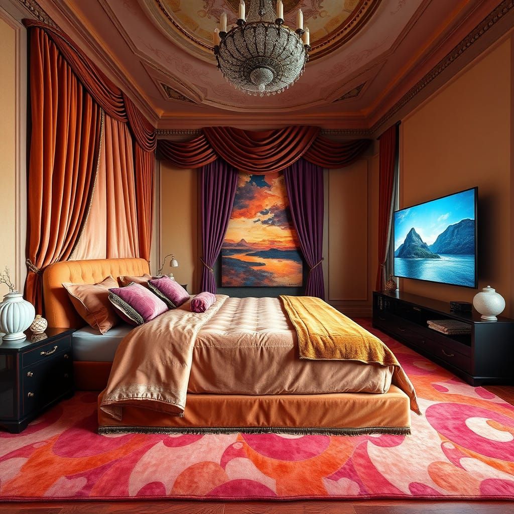 Surreal Gouache Masterpiece of Opulent Bedroom Splendor