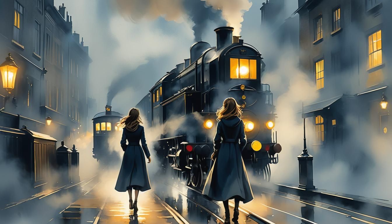 Girl Waving at Train in Foggy London Street