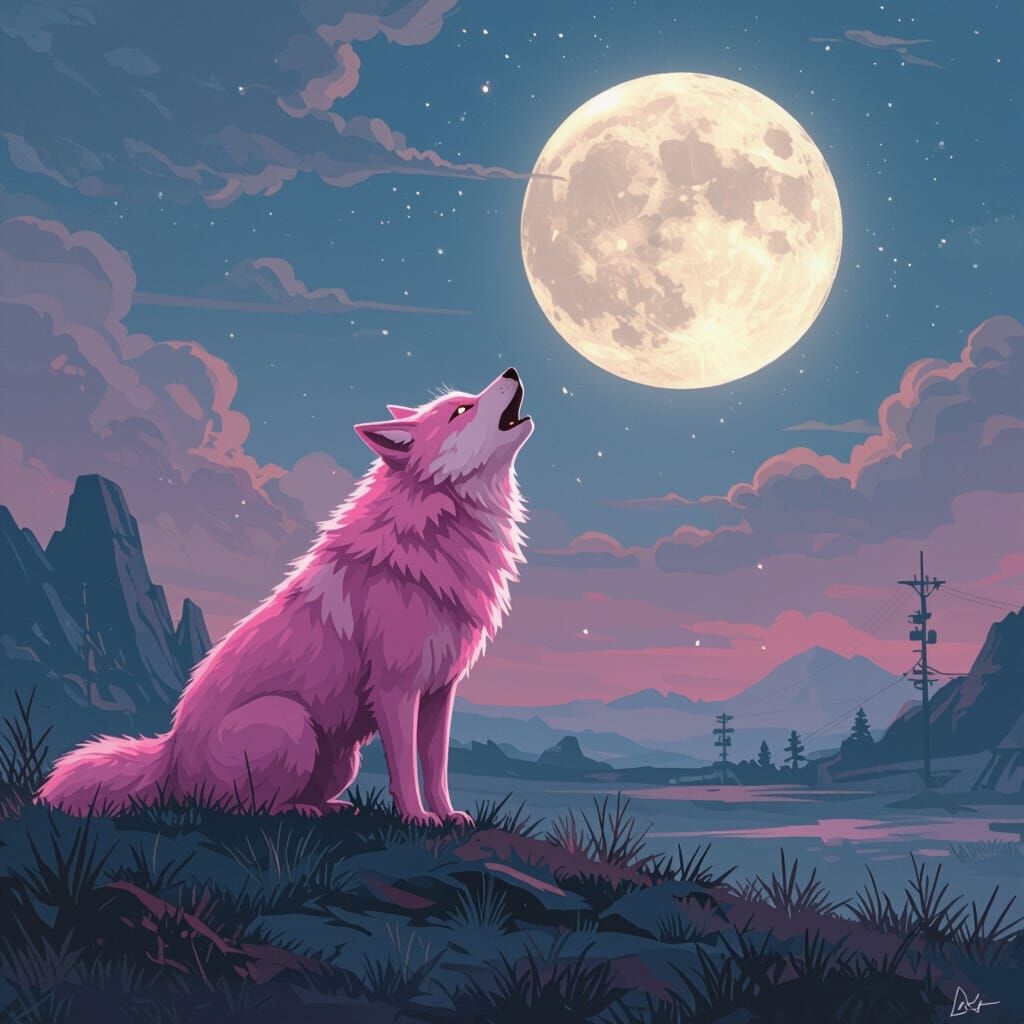 Pink Creature Howls at Moon in Surreal Landscape