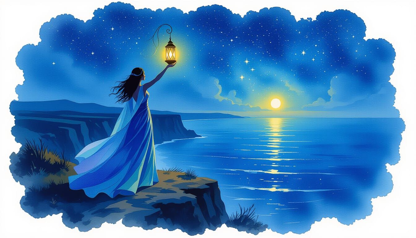 Ethereal Woman with Lantern Overlooking Starry Ocean