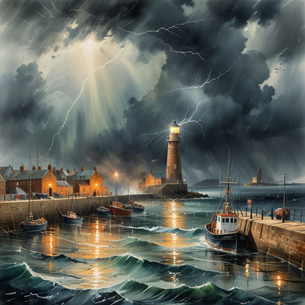 English Harbour Lighthouse in Moody Watercolor Style