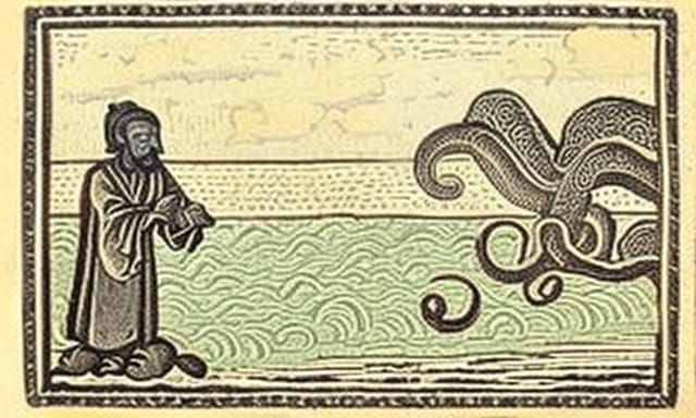 17th Century Woodcut: Man Praying to Octopus Monster