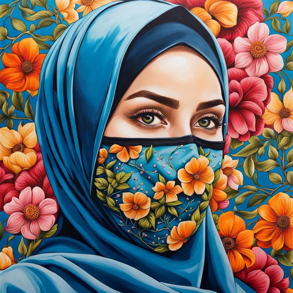 European Hijabi Student Portrait with Flowers, Oil-Guache St...
