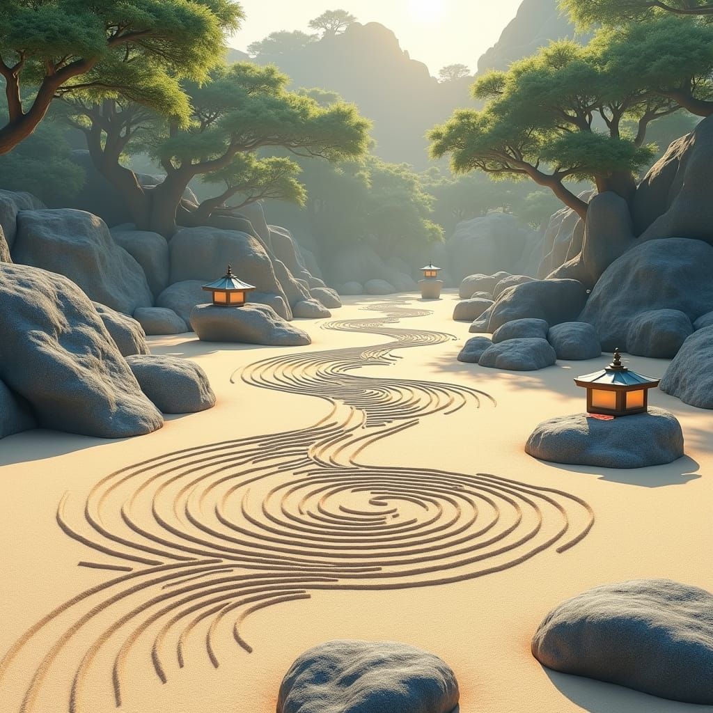 Optical Illusion Zen Garden in Ukiyo-e Style