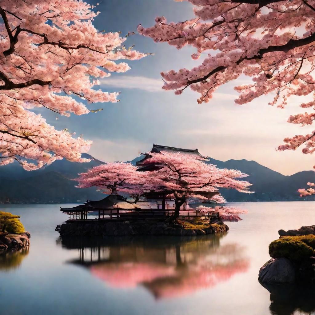 Dreamy Japancape: Sakura Tree by Lake