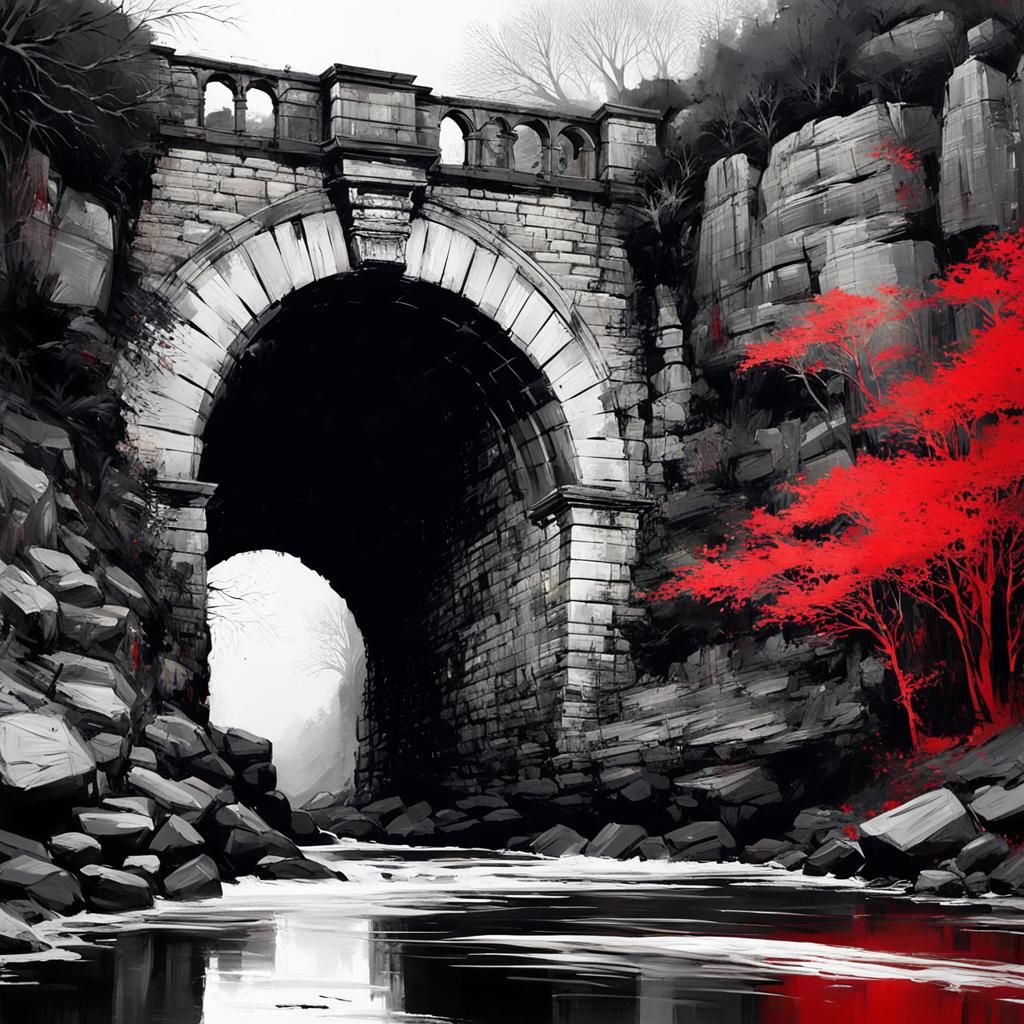 Stone Arch Bridge in Black, White, Red and Gold
