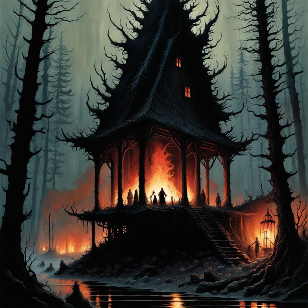 Enchantress in Forest Cottage as Gothic Fantasy Art