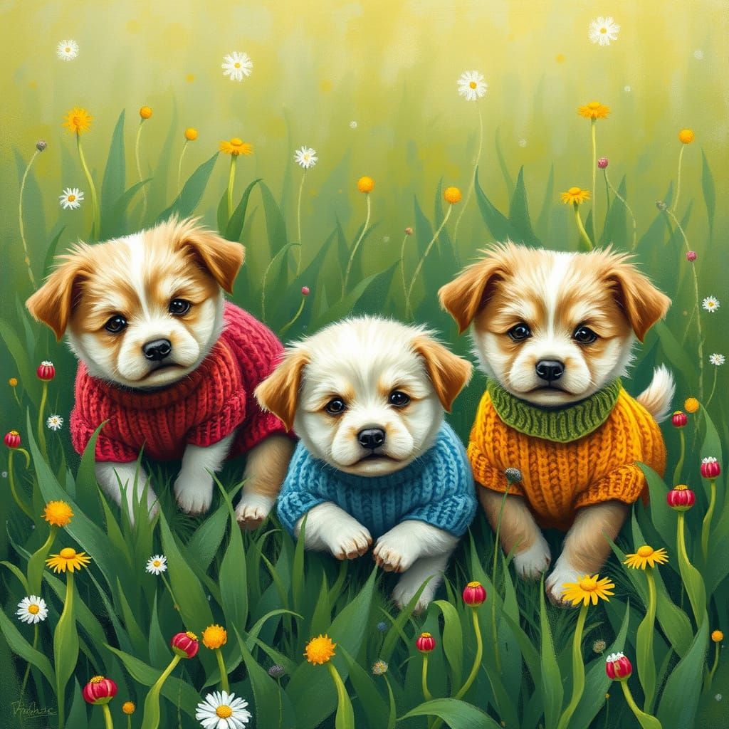 Puppies in Sweaters Play in Meadow: Beatrix Potter Style