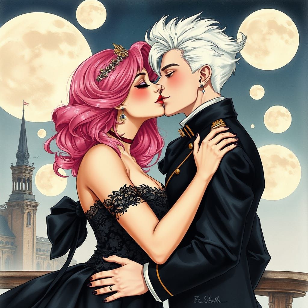 Romantic Kiss in Gothic Setting, Watercolor Style