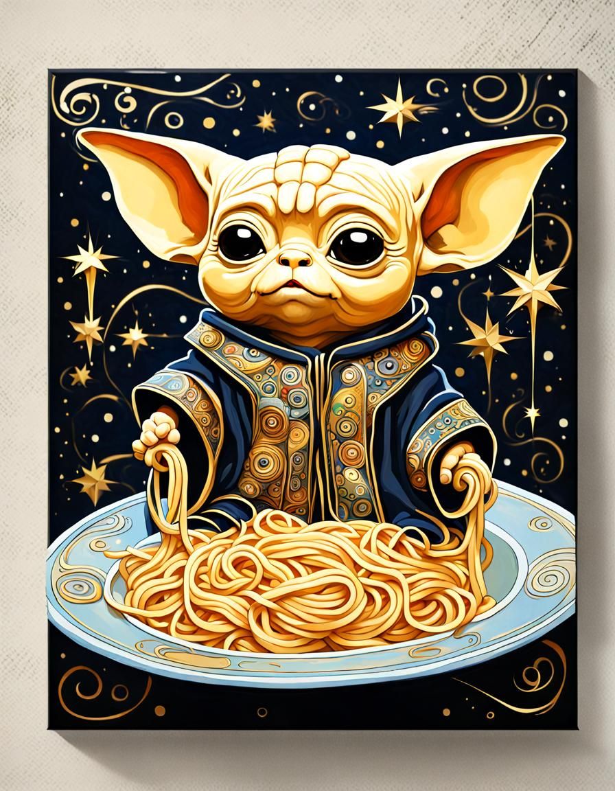 Lovely Baby Grogu Nibbles Gold Spaghetti in Art Nouveau Styl...