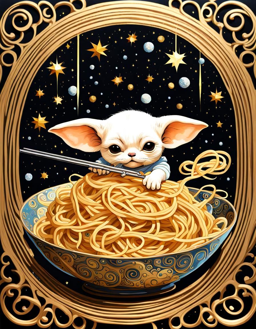 Grogu Eats Spaghetti in Klimt-Inspired Art Nouveau