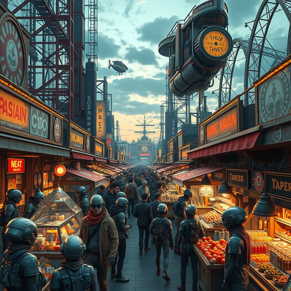 Bustling Cyberpunk Market in Whimsicalpunk Style