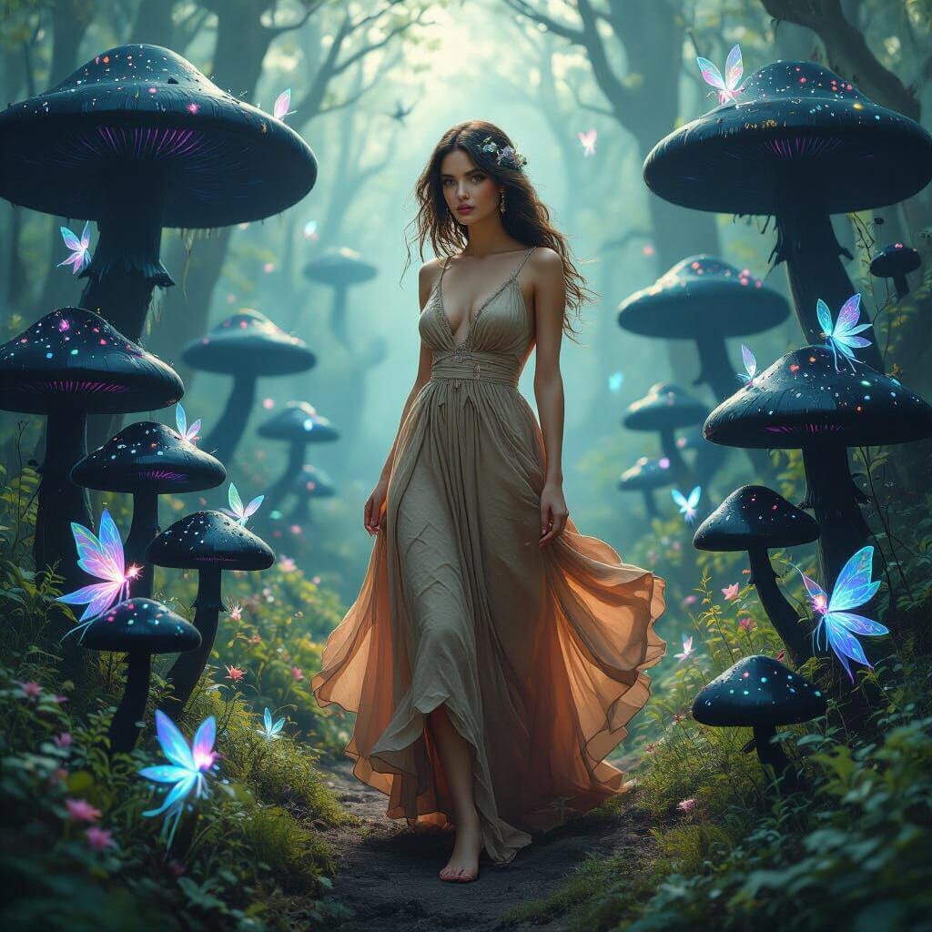 Ethereal Forest Scene with Woman, Mushrooms, and Fairies