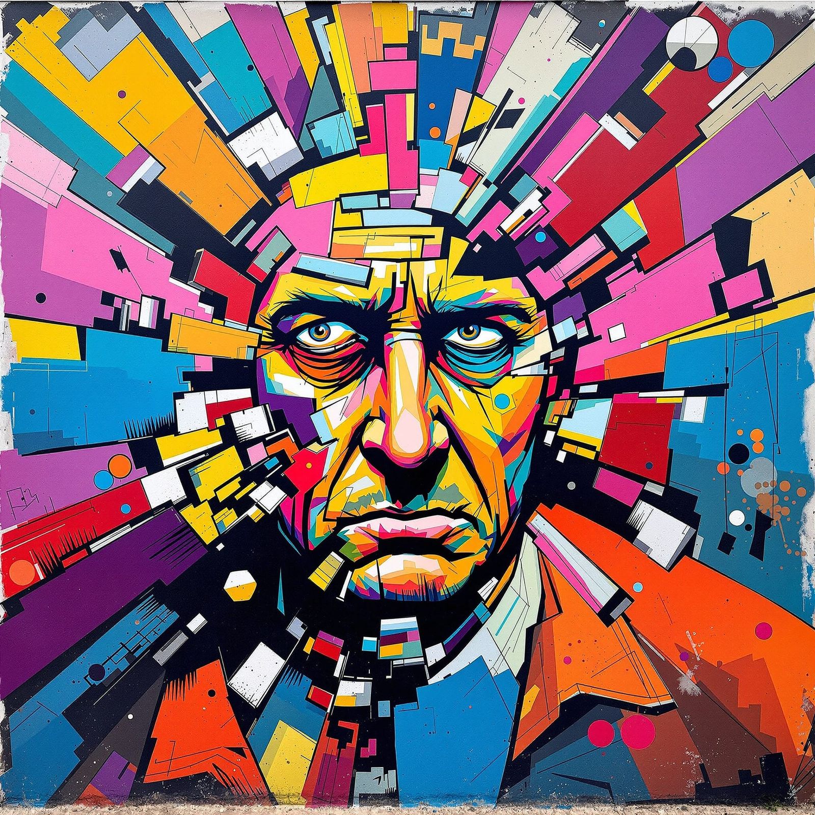 Vibrant mural or street art depicting a bold and stylized portrait of a man coming apart, disintegrating, parts of him f...