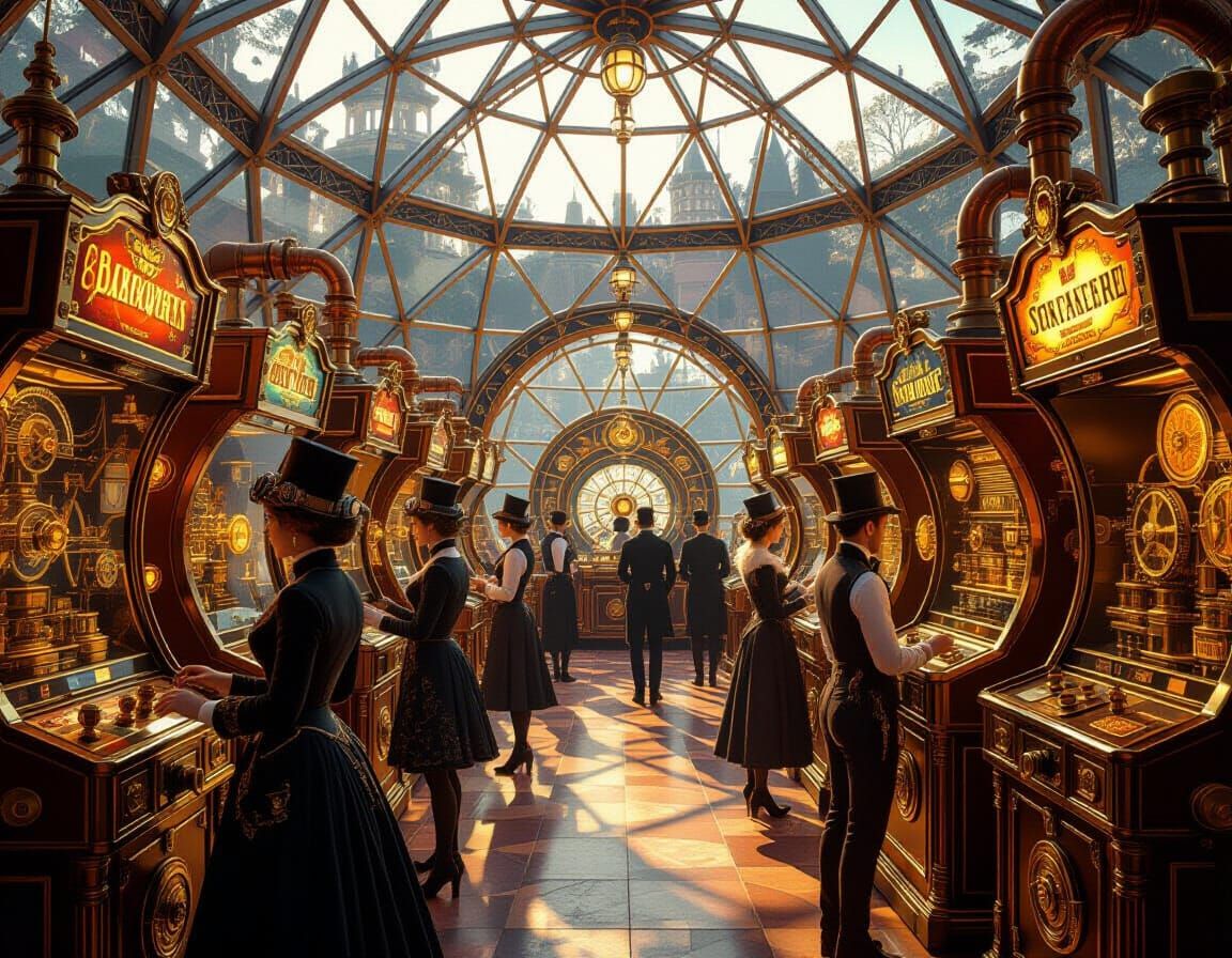 Steampunk Arcade Inside Transparent Geodesic Dome
