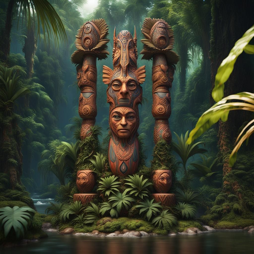 Cherokee Totem Sculpture in Tropical Jungle