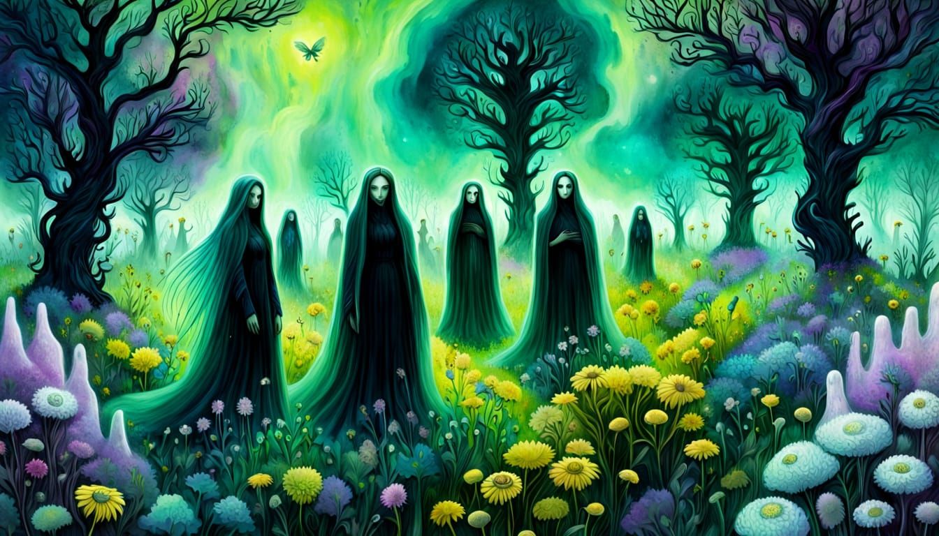 Ethereal Beings Amidst Ghastly Blooms in a Gothic Landscape