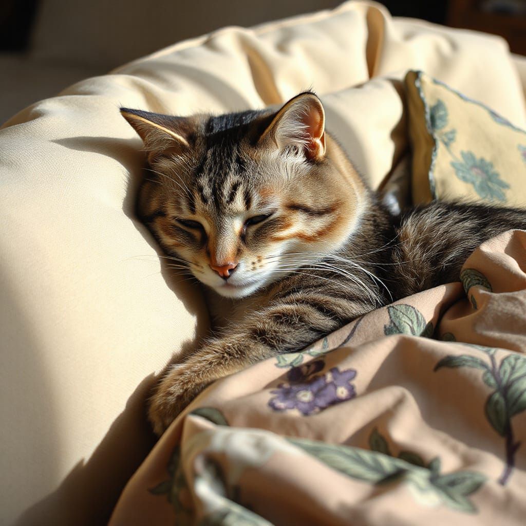 Sleeping Cat on Cream Sofa in Magical Realism Style