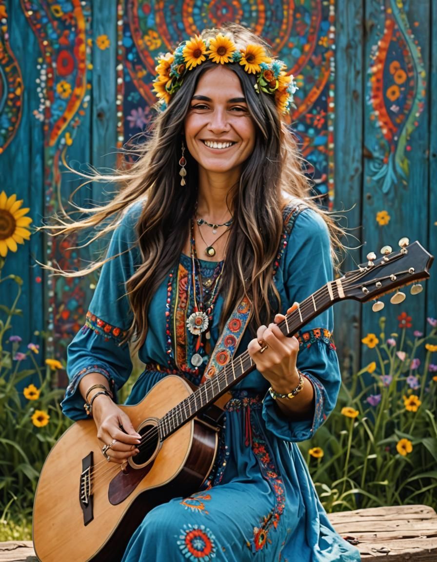 Blue-Haired Woman in Hippie Dress at Festival
