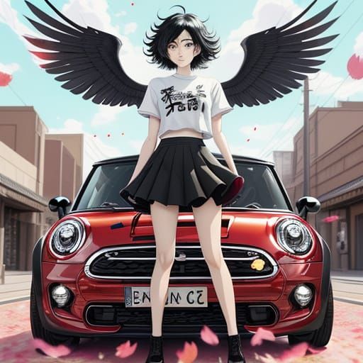 Confident Anime Girl with Black Wings and Sakura Petals