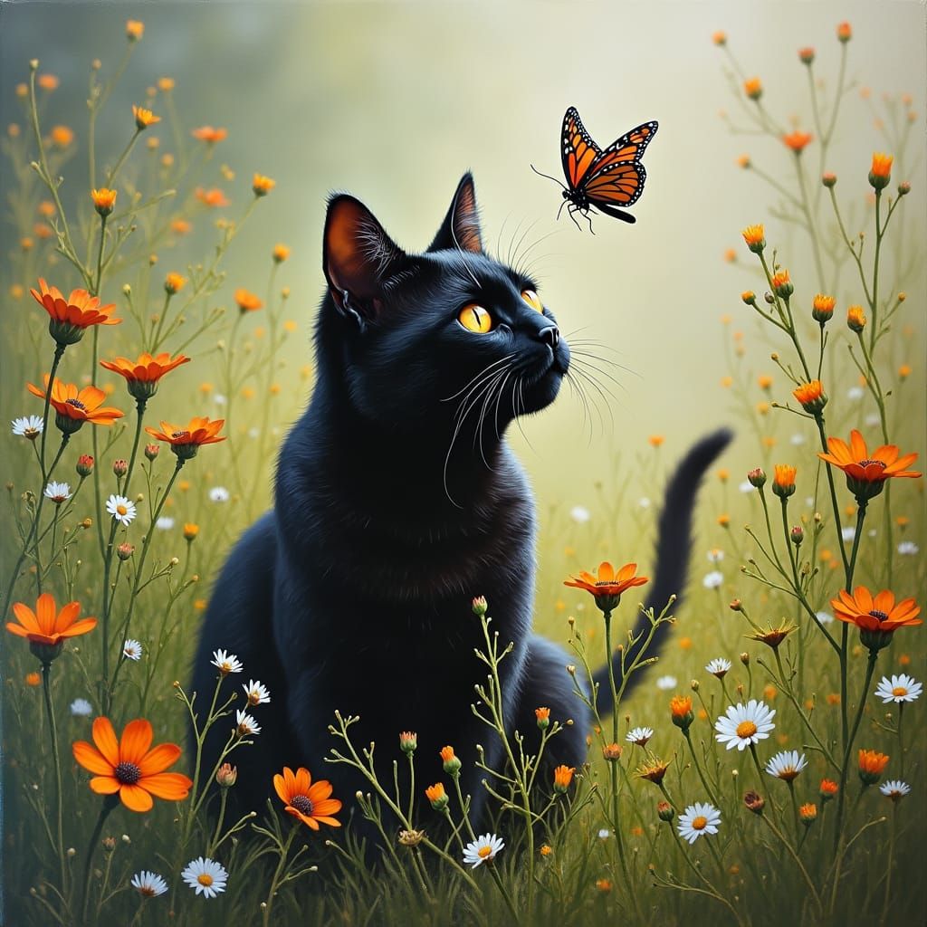 black cat in a spring meadow surrounded by wildflowers, butterfly, oil painting by James Gurney