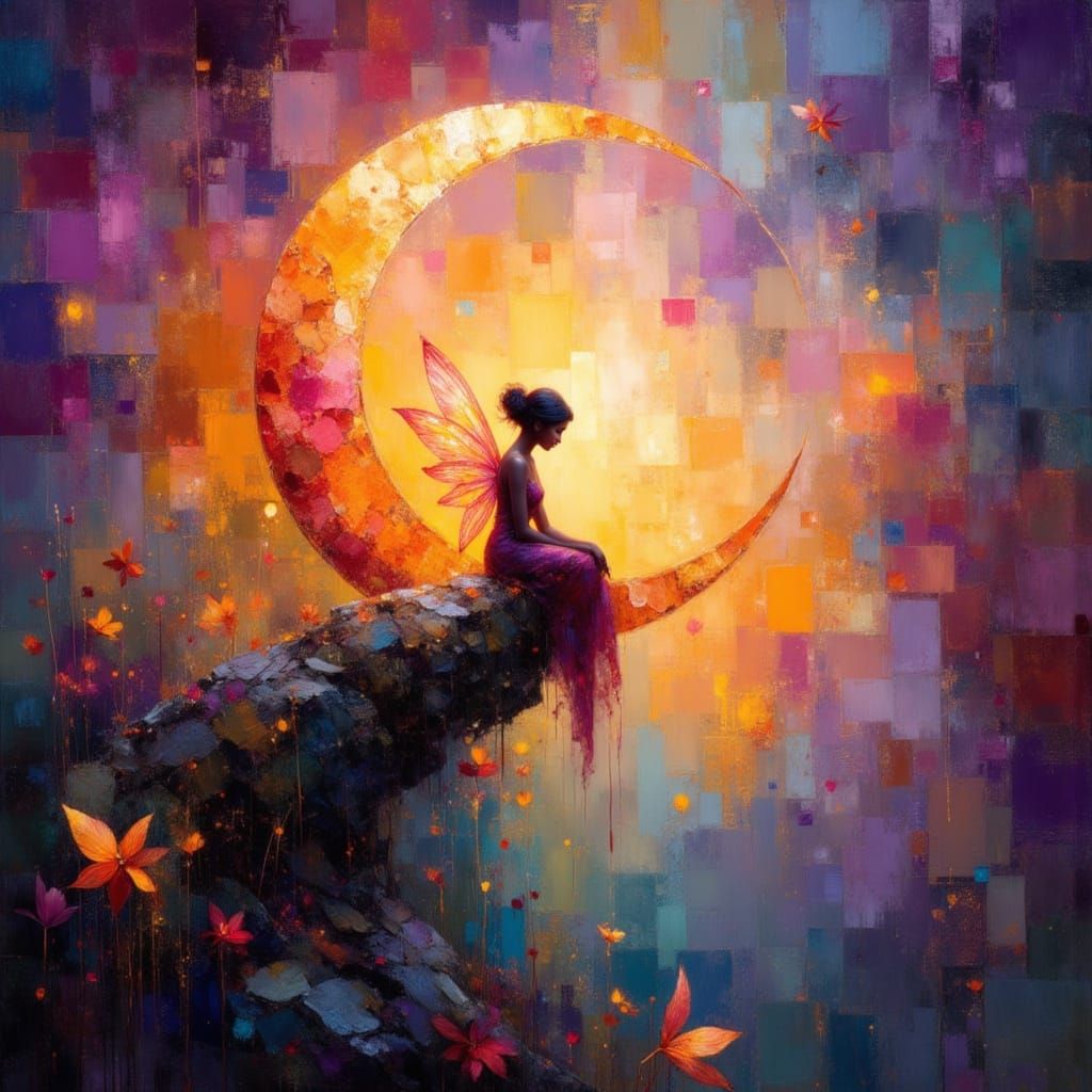 Fairy on Moon in Fractal Haze Oil Painting
