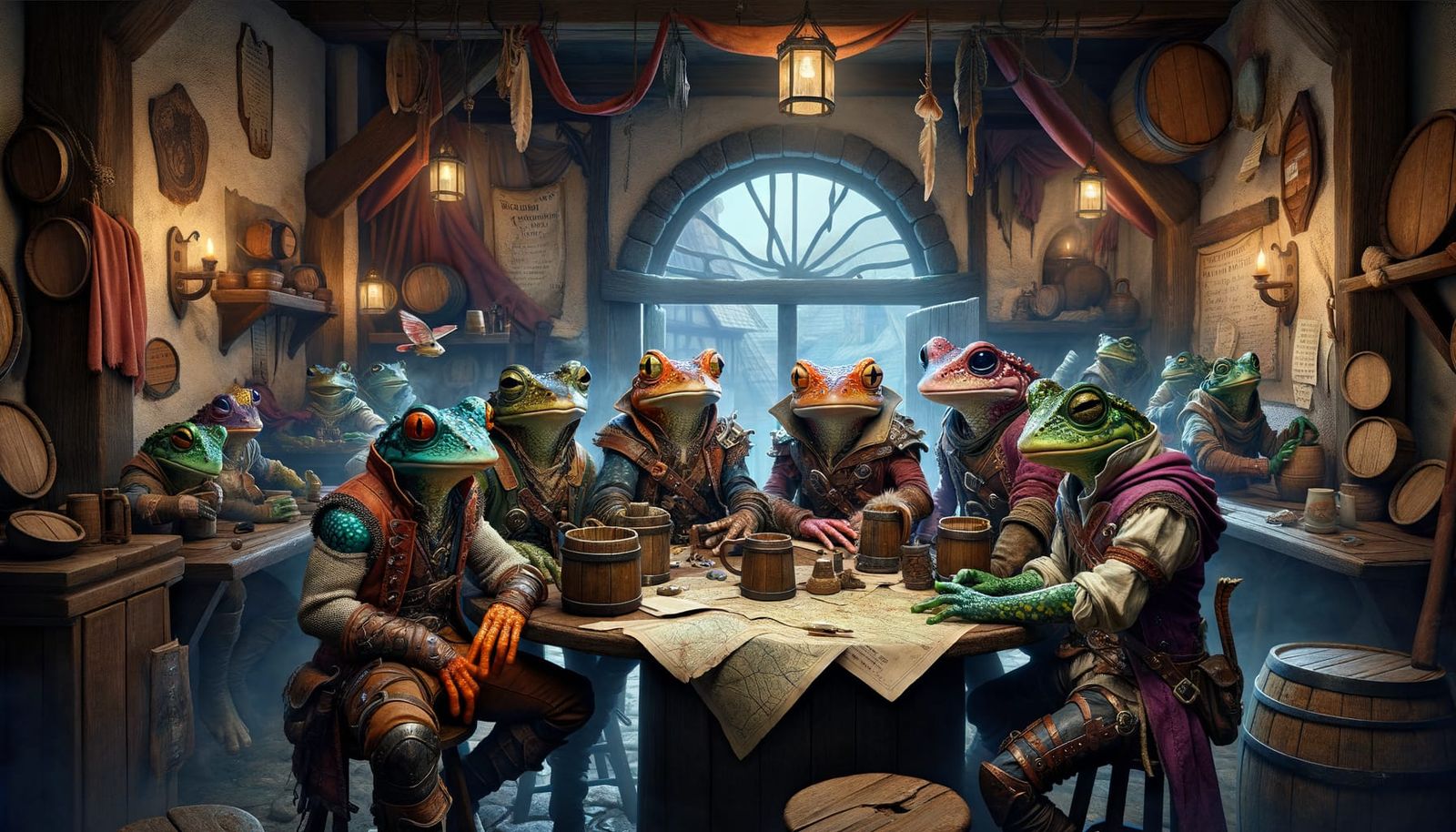 Hyperrealistic Mid Shot of Frog Adventurers in Tavern