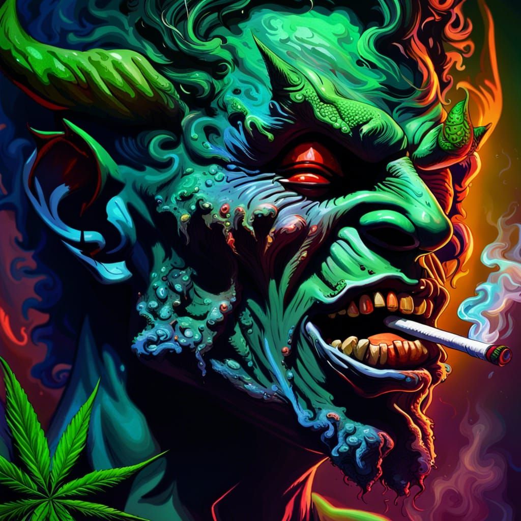 Hyperrealistic Demon Smoking Marijuana: Splash Art