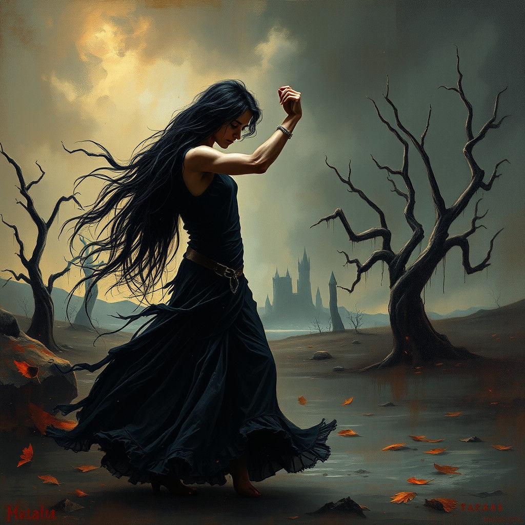 Eerie Dance in Dark Mystical Landscape Painting