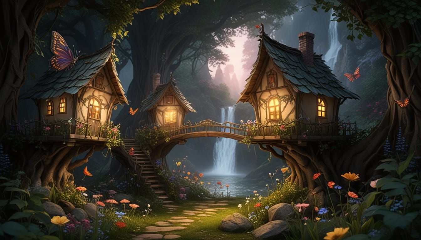 Enchanted Tree Village in Vibrant Photorealistic Style