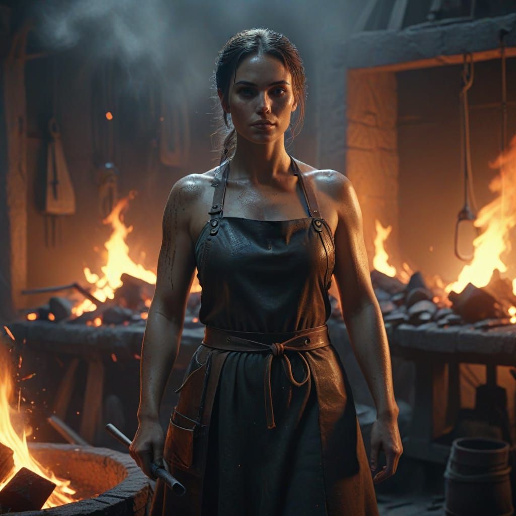Woman Forging Metal in Medieval Forge