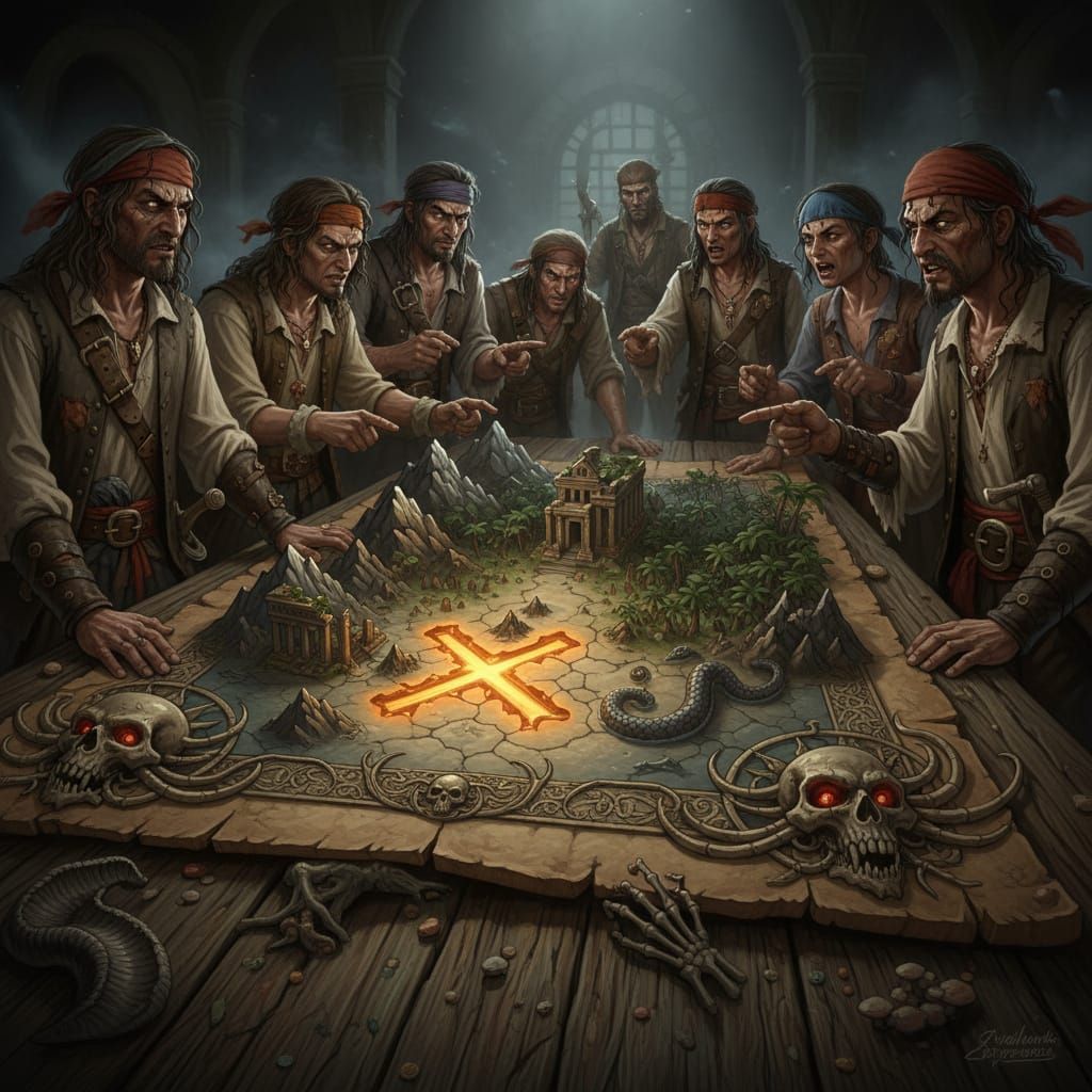Pirates Study Enchanted Treasure Map with Cinematic Lighting