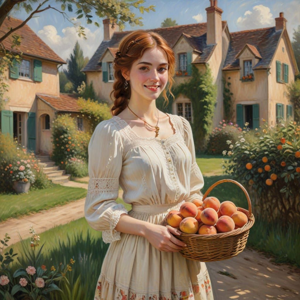 Idyllic Impressionist Portrait of Woman with Peaches