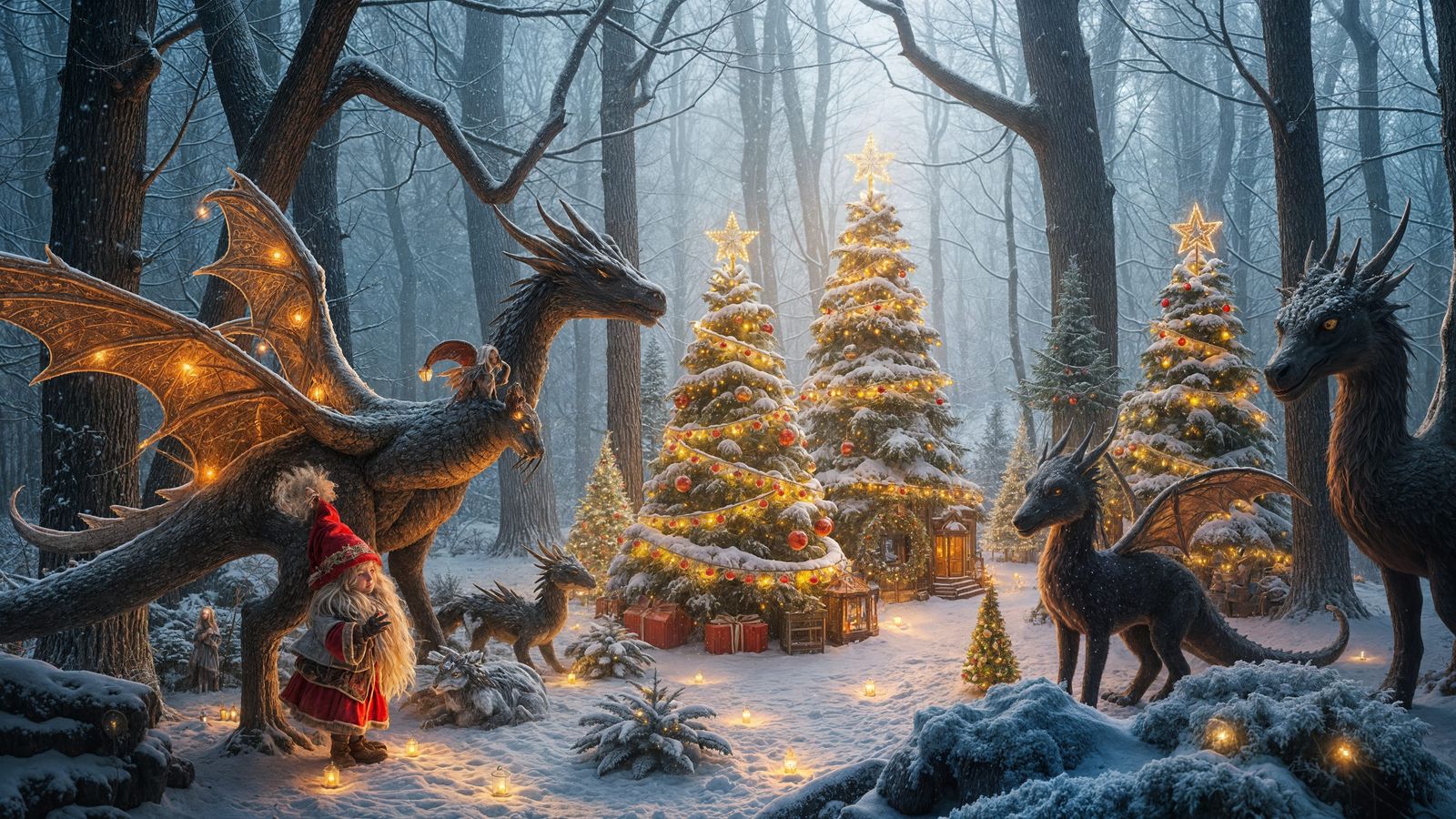 Enchanted Forest Scene with Christmas Lights and Fairies