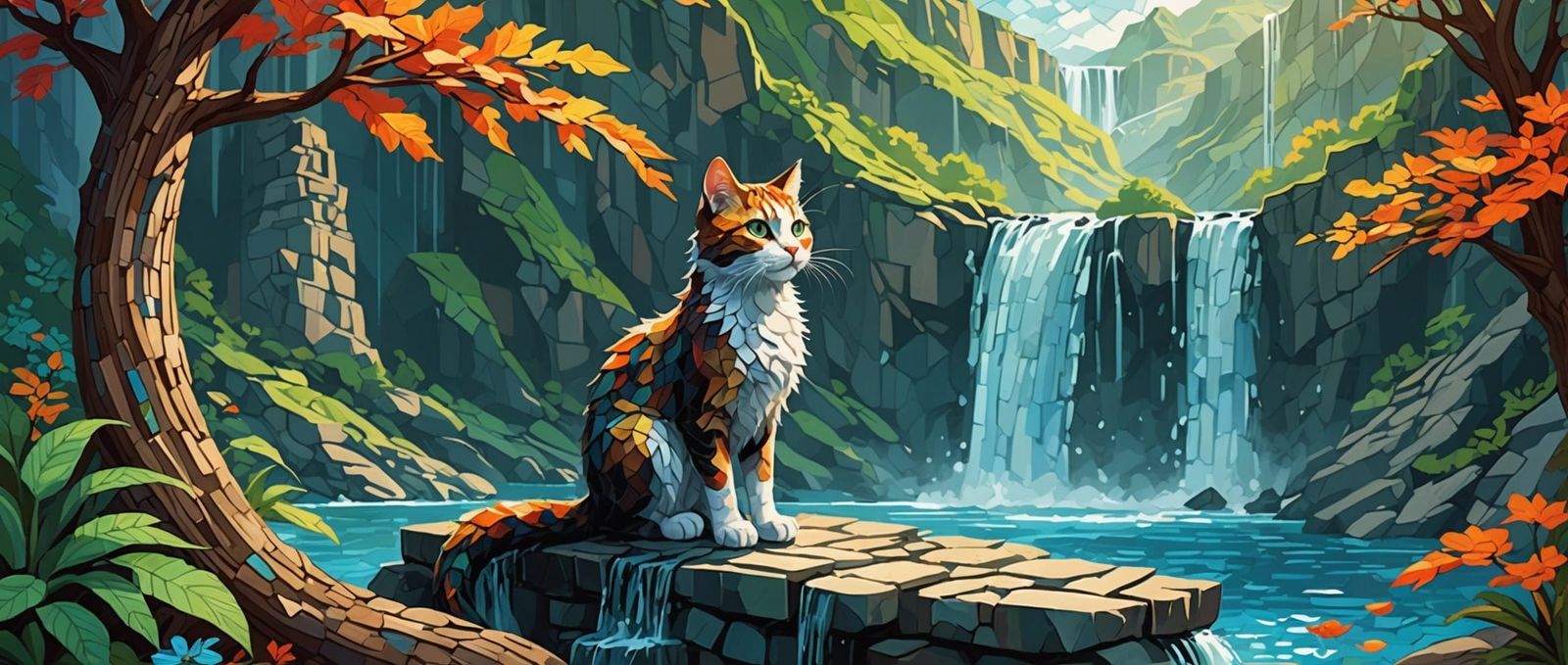 Mosaic Impasto Cat-Girl and Dragon Waterfall Illustration