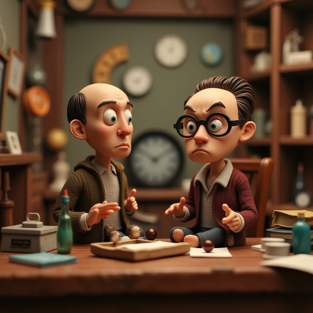 Sheldon Cooper and Leonard Hoffstadder from Big Bang Theory as clay figures sitting on a desk.