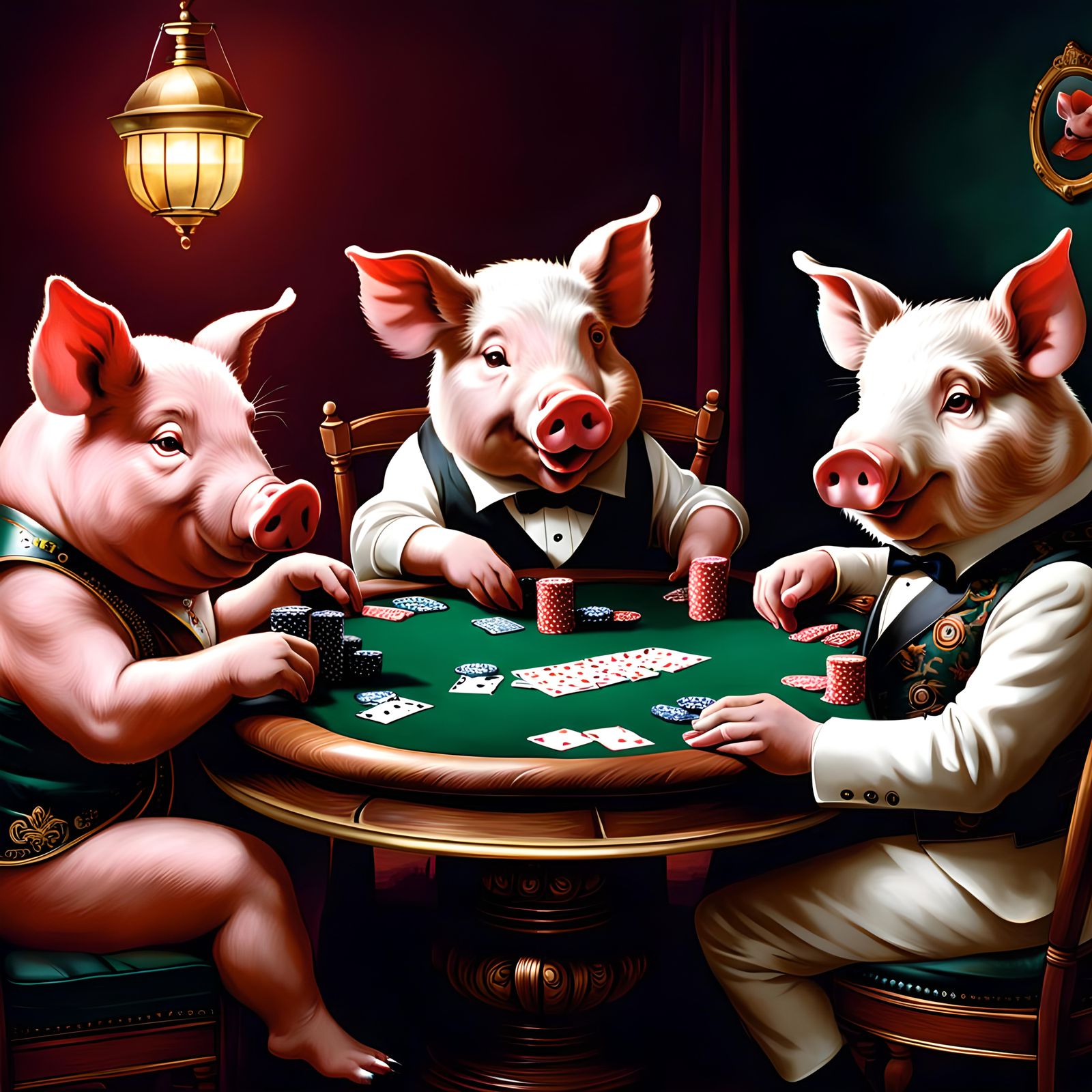 Anthropomorphic Pigs Playing Poker Game