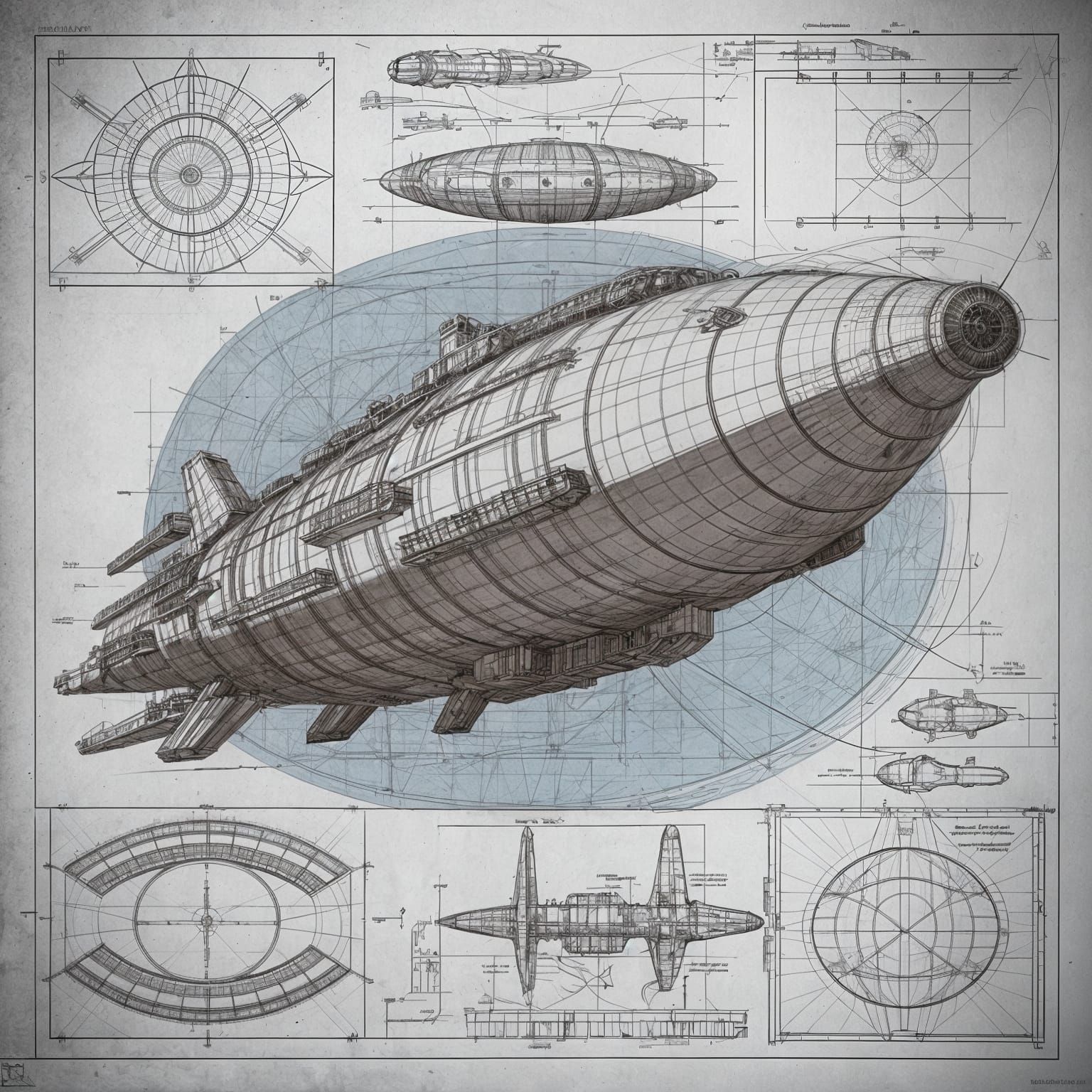 Leonardo da Vinci Style Spaceship Sketch with Blueprints