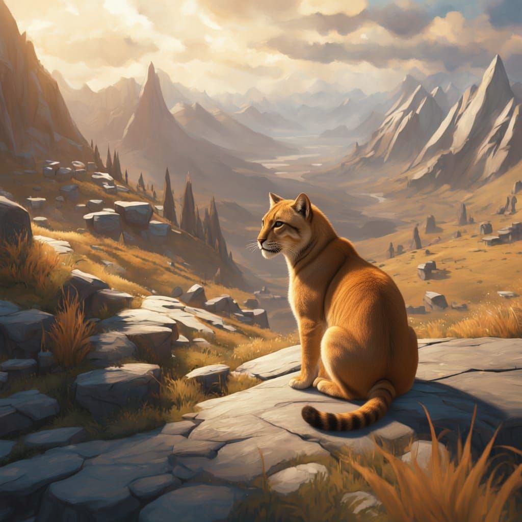 Giant Orange Kitten Explores Mountain Peaks Over Valley