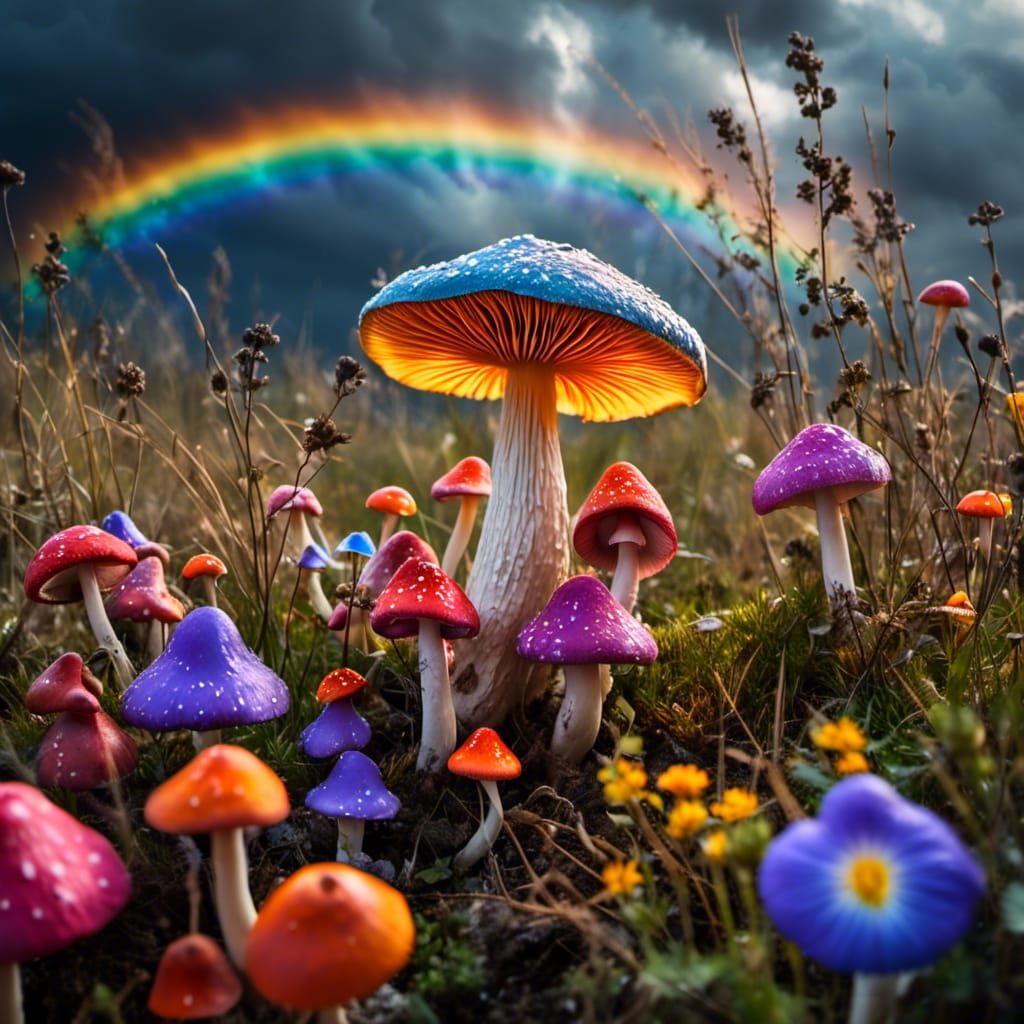 Rainbow Mushrooms in Wildflower Garden