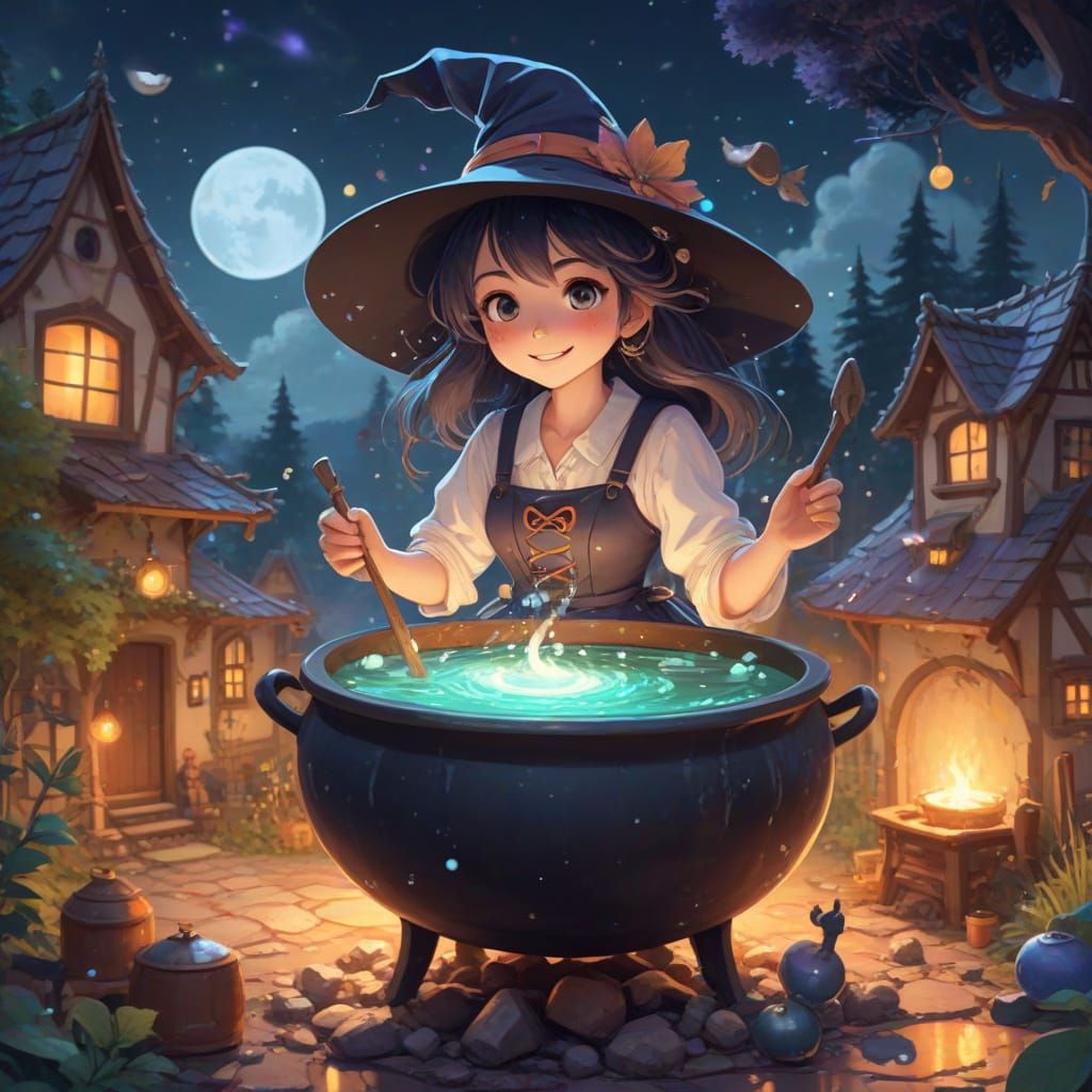 Anime Witch Brews Moonlight With Mischievous Sprites