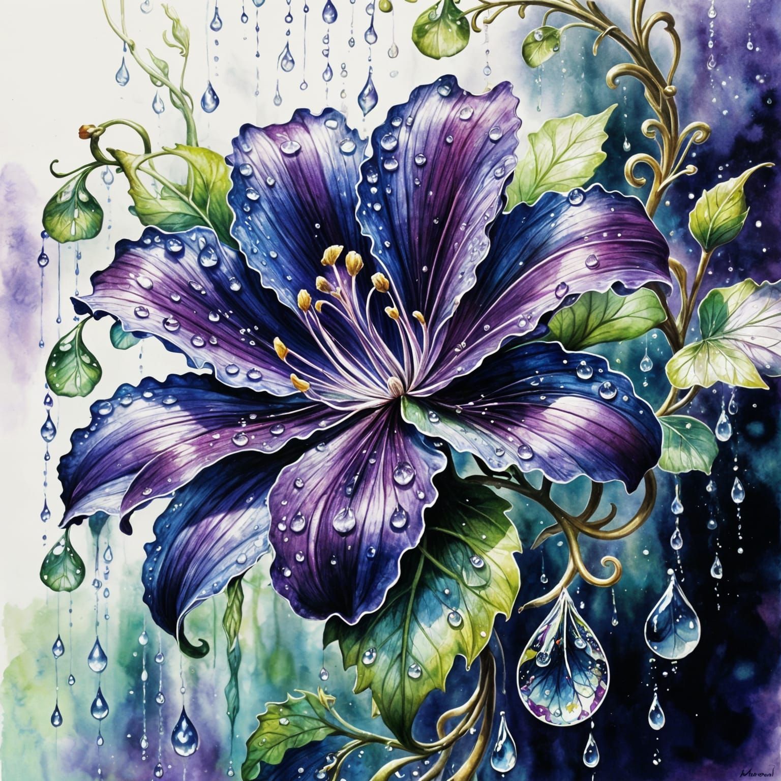 Purple Flower with Water Droplets in Floralpunk Style
