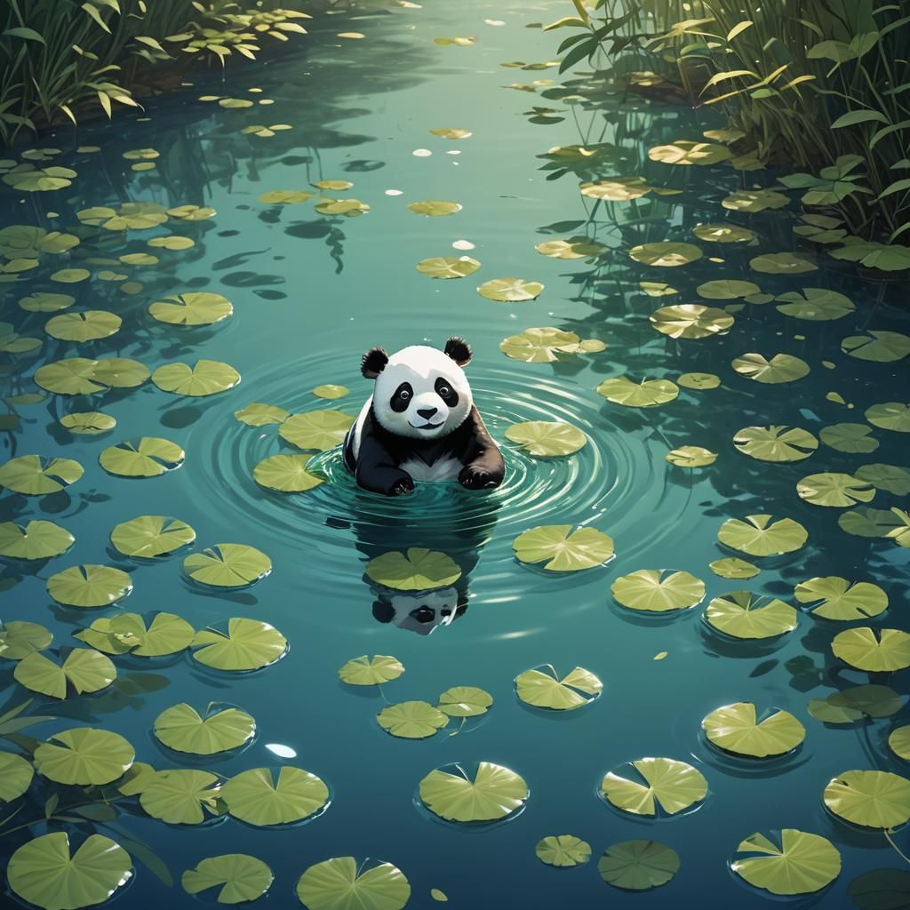Panda on Leaf Boat, Ghibli-Inspired Concept Art